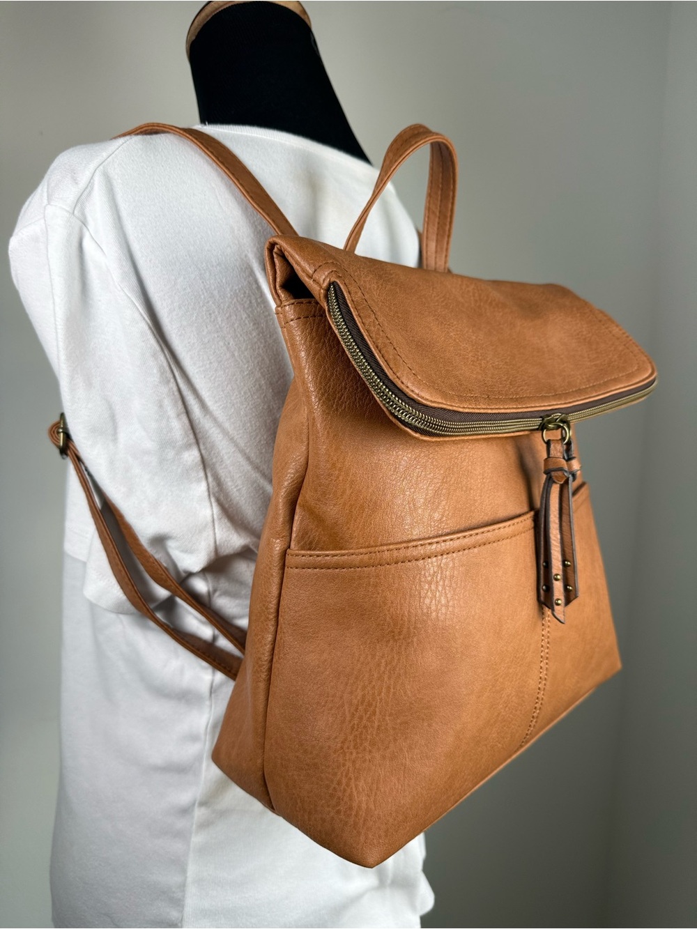 Minimalist Tan Faux Leather Backpack Neutral Everyday Travel Bag - Picture 2 of 13